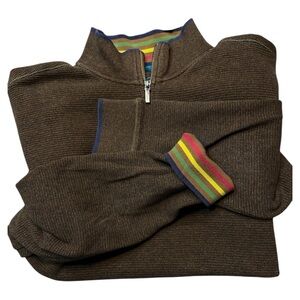 Robert Graham Brown 1/4 Zip Waffle Knit Sweater Colorful Accents Collar Cuffs M
